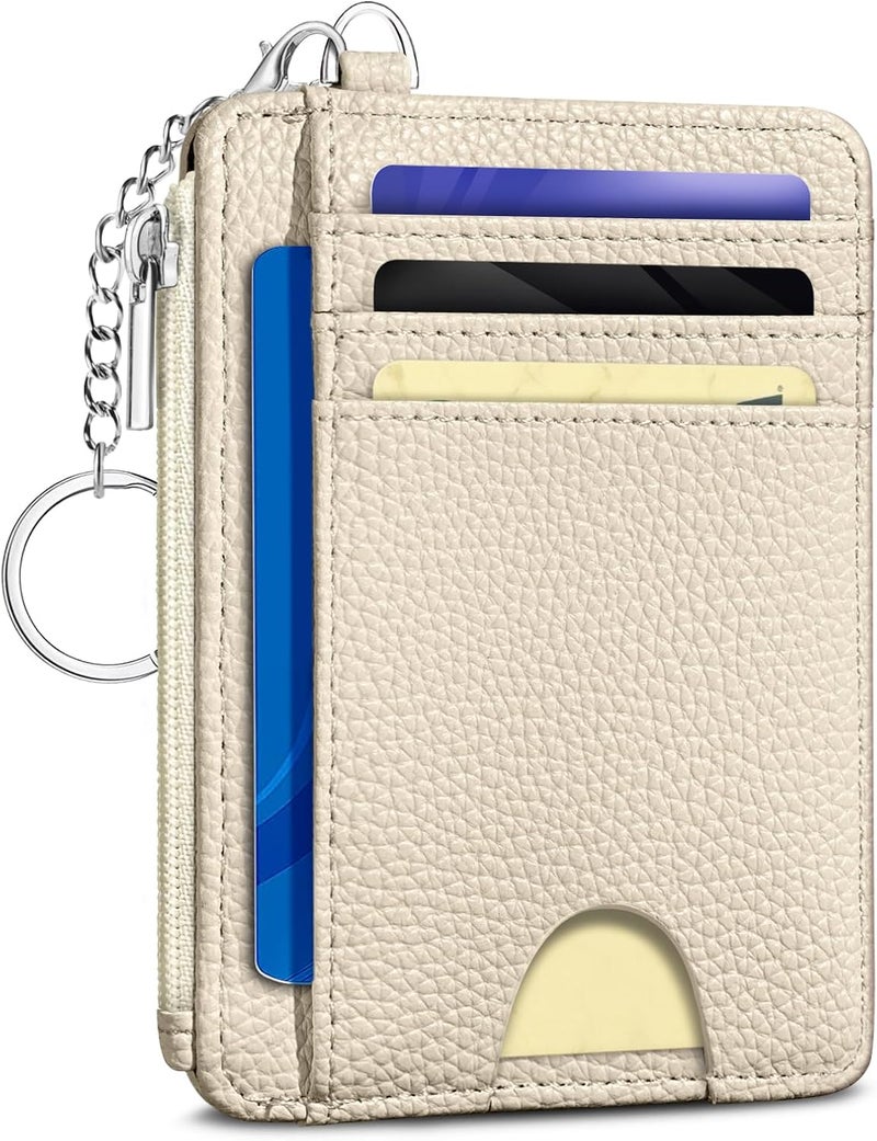 Kelvoris Beige Credit Card Holder Small Wallet Women, Minimalist Slim RFID Blocking Wallet Woman Keychain with Zipper Coin Pocket, Front Pocket Thin Travel Card Case Organizer ID Window Ladies Gifts - Image 1